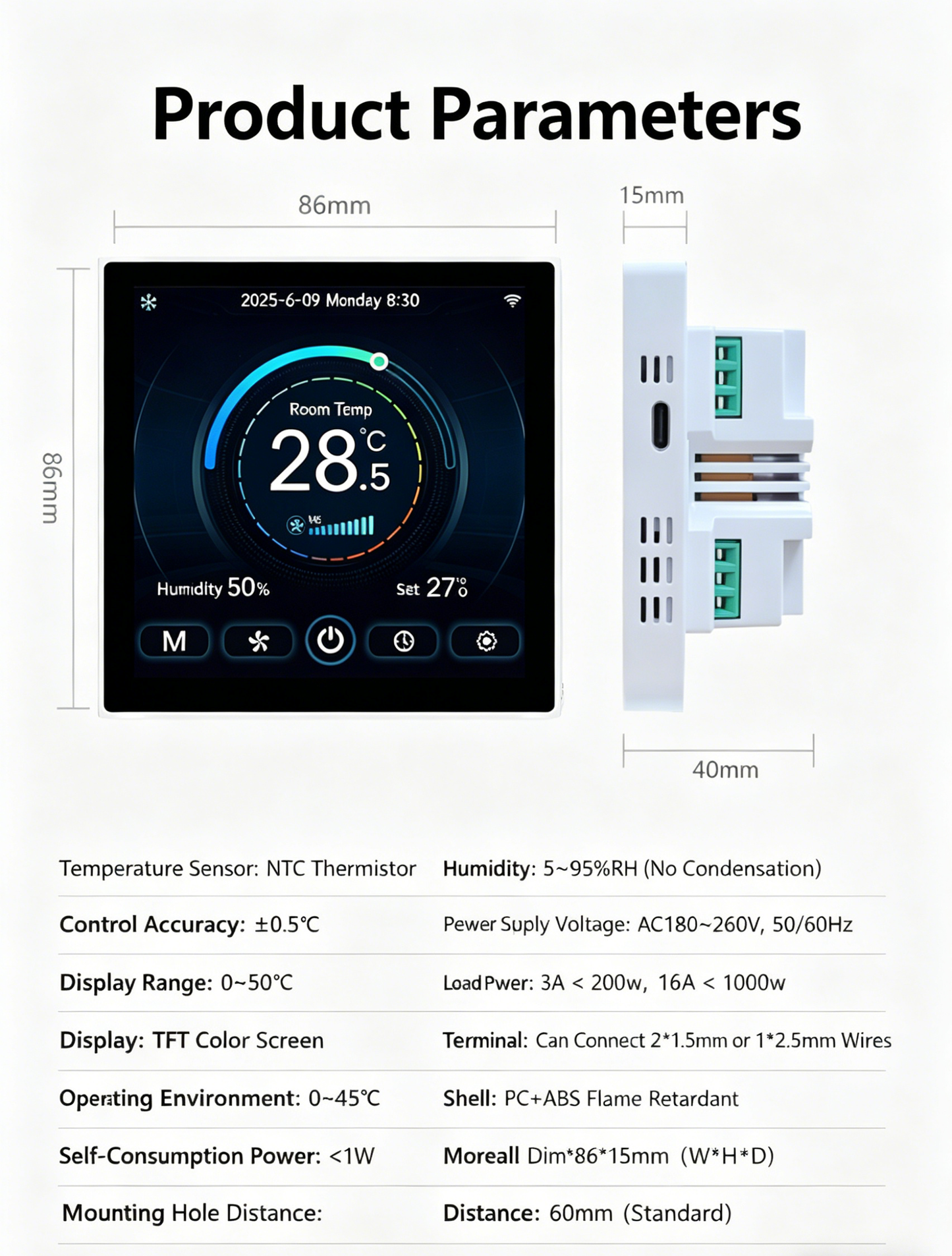8969 4-inch TFT color screen fan coil mart thermostat for Aircon w/ WIFI APP control