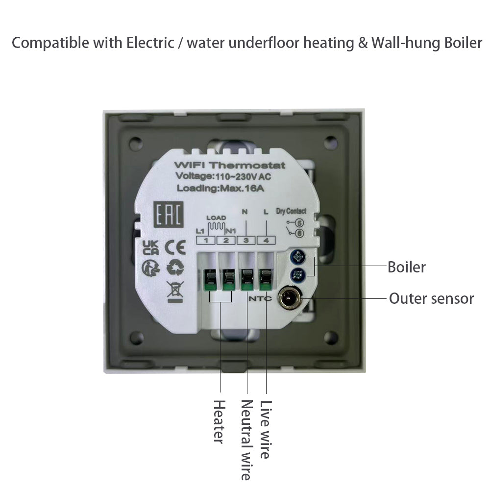 8927-water/electric heating /boiler 16A smart WiFi thermostat w/ anti-scratch tempered glass frame EU standard-white
