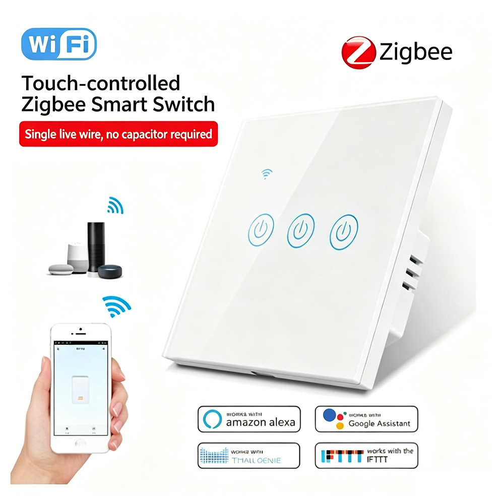 XFG-111 86 Type Zigbee Touch Smart Wall Switch Single Fire No Capacitor Tuya Smart Life App Voice Control Compatible with Alexa Google Home IFTTT 1/2/3 Gang White Black Gold ABS+PC Fireproof Panel AC220-240V