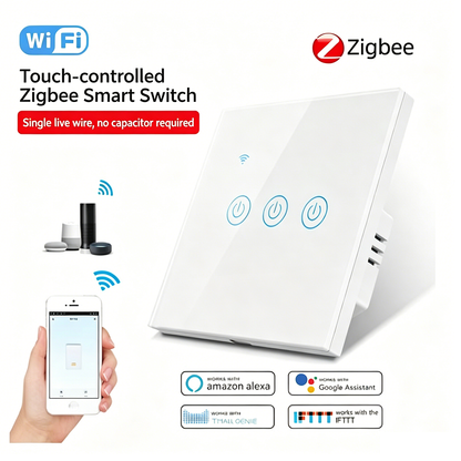 XFG-111 86 Type Zigbee Touch Smart Wall Switch Single Fire No Capacitor Tuya Smart Life App Voice Control Compatible with Alexa Google Home IFTTT 1/2/3 Gang White Black Gold ABS+PC Fireproof Panel AC220-240V