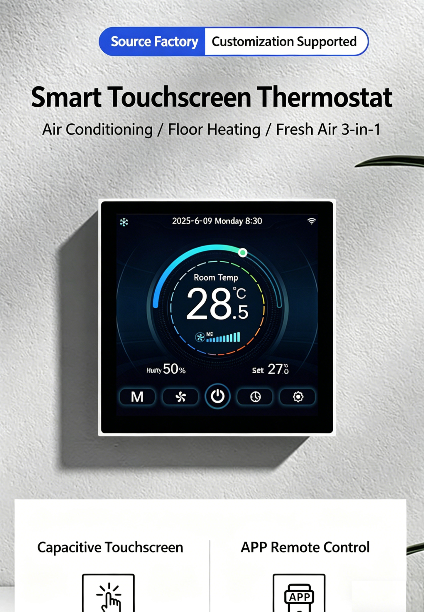 8969 4-inch TFT color screen fan coil mart thermostat for Aircon w/ WIFI APP control