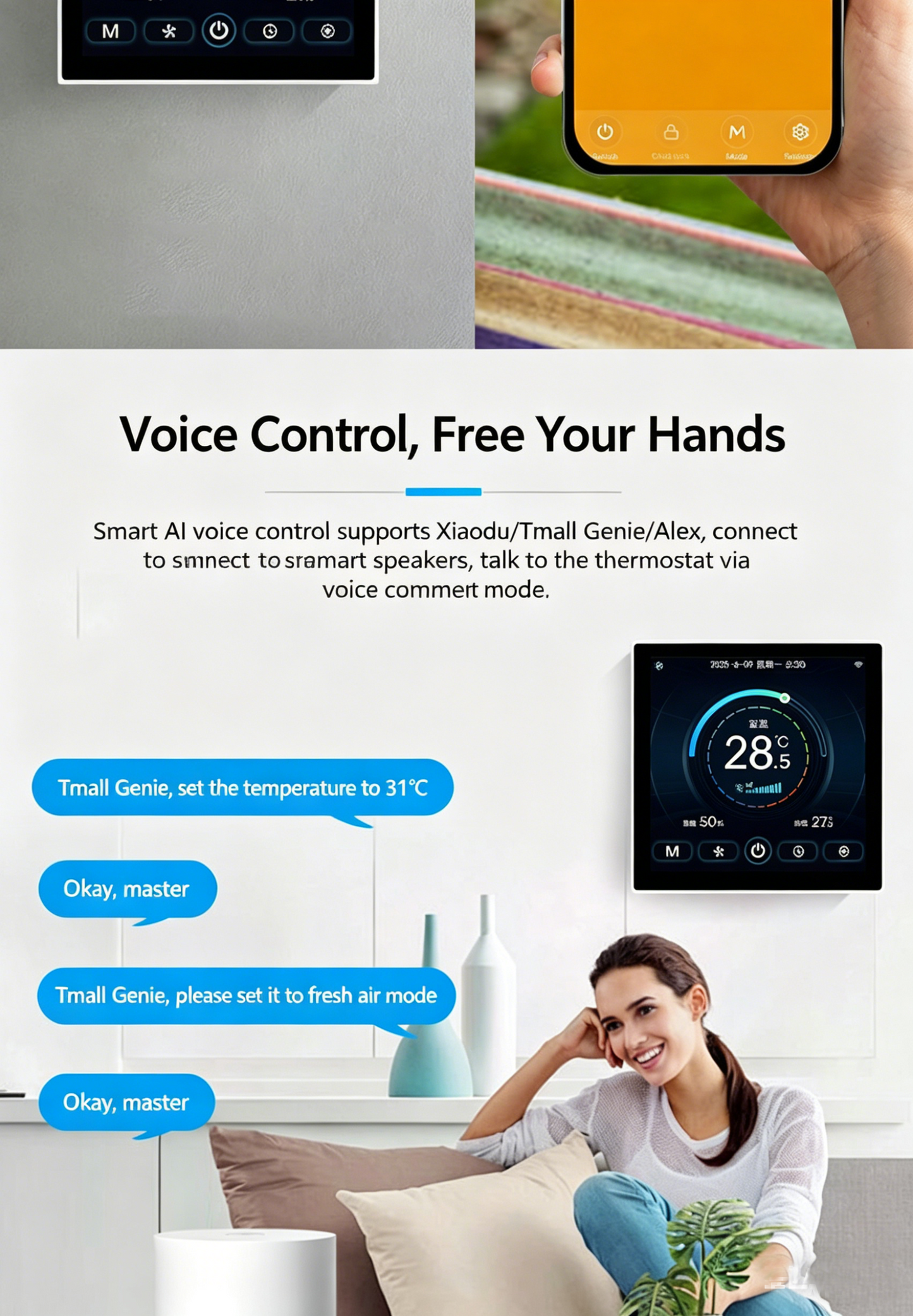 8969 4-inch TFT color screen fan coil mart thermostat for Aircon w/ WIFI APP control