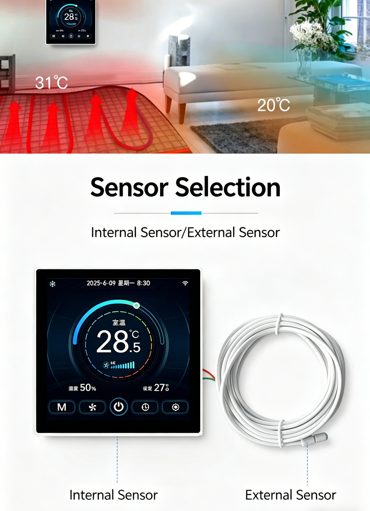 8969 4-inch TFT color screen fan coil mart thermostat for Aircon w/ WIFI APP control