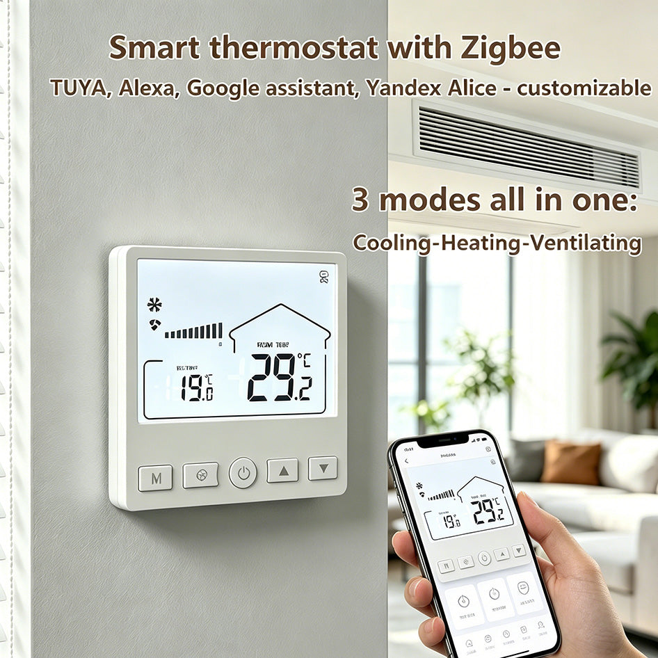 705-4pipe Cooling heating Zigbee Smart Fan Coil Unit Smart Thermostat with TUYA, Alexa, google nest voice control