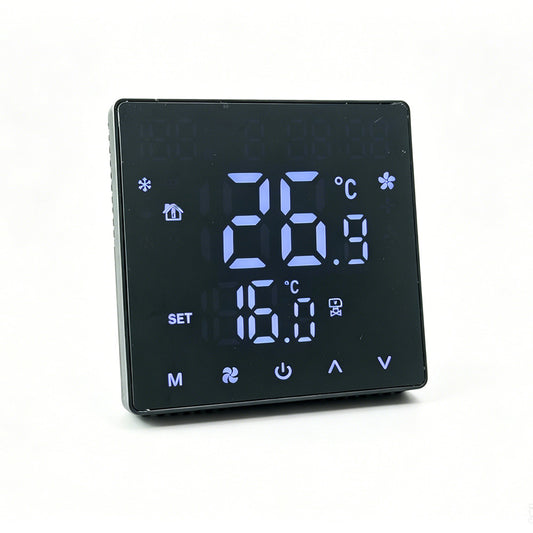 8971-EU Series Fan Coil Room Thermostat, 3 Speed AC FCU Temperature Controller, LED Display NTC HVAC Thermostat for  central air conditioning AC220V for Home Office School (black)
