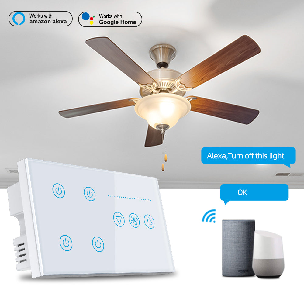 XFG-1436 4 Light+ 1 Fan EU& UK Standard Smart Voice Control Switch supports WIFI smartlife app and Voice control by TUYA, Tmall genie, Amazon alexa, google