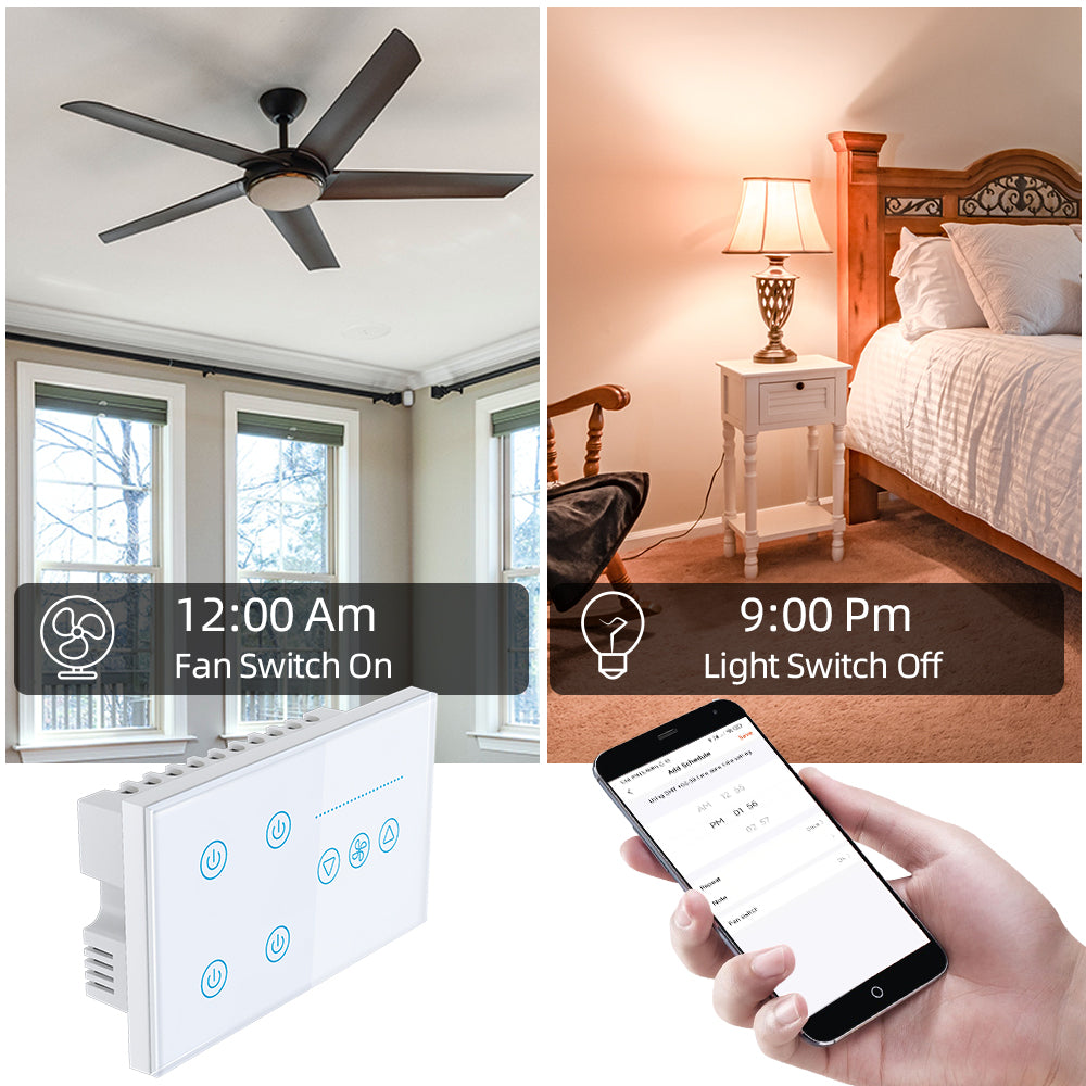 XFG-1436 4 Light+ 1 Fan EU& UK Standard Smart Voice Control Switch supports WIFI smartlife app and Voice control by TUYA, Tmall genie, Amazon alexa, google
