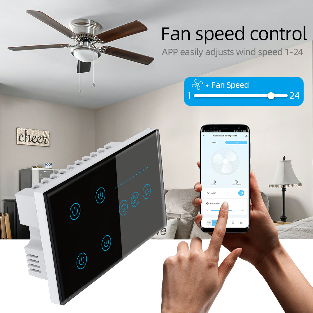 XFG-1436 4 Light+ 1 Fan EU& UK Standard Smart Voice Control Switch supports WIFI smartlife app and Voice control by TUYA, Tmall genie, Amazon alexa, google